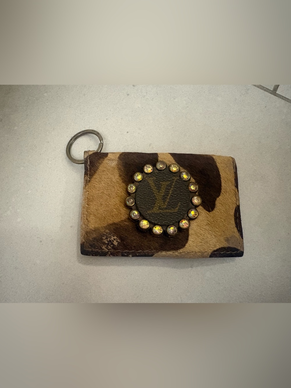 Leopard Print Key Card Holder with Rhinestone Accent